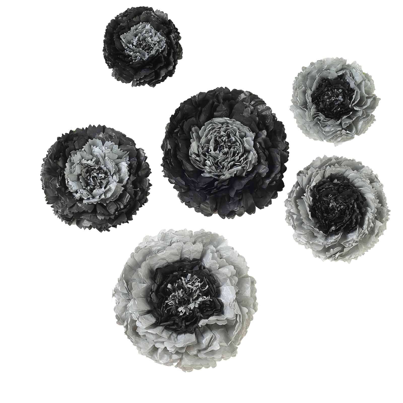 Set of 6 Charcoal Gray Carnation 3D Paper Flowers Wall Decor - 7",9",11" - Linen Luxes