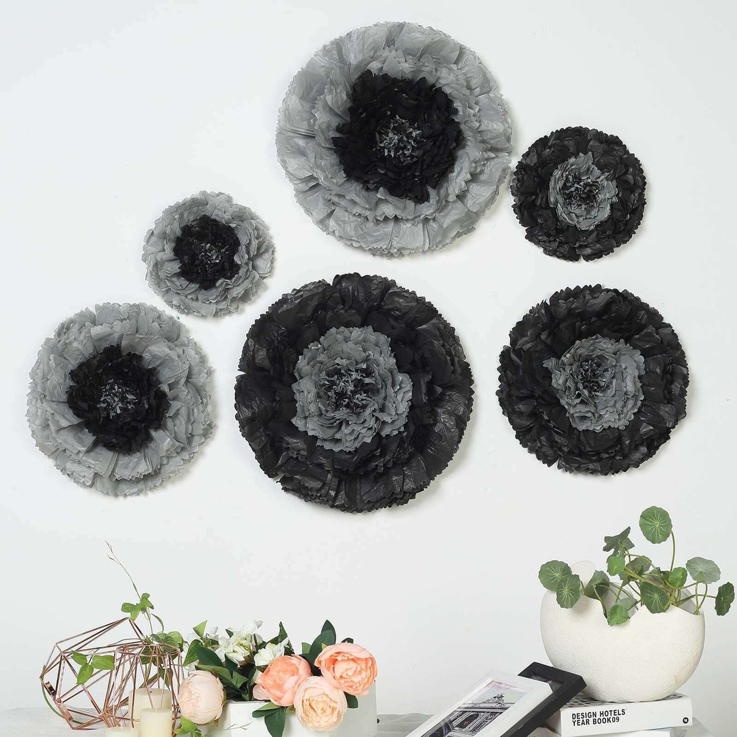 Set of 6 Charcoal Gray Giant Carnation 3D Paper Flowers Wall Decor - 12",16",20" - Linen Luxes