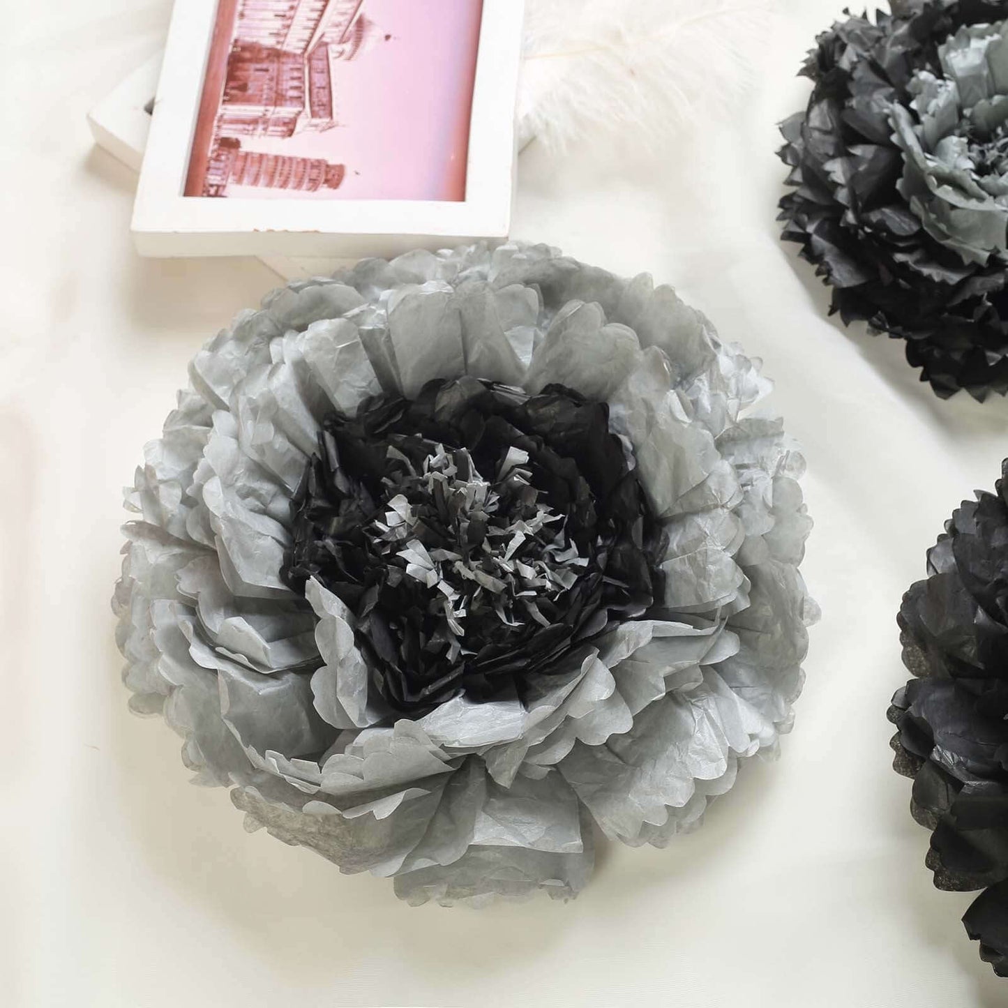 Set of 6 Charcoal Gray Giant Carnation 3D Paper Flowers Wall Decor - 12",16",20" - Linen Luxes