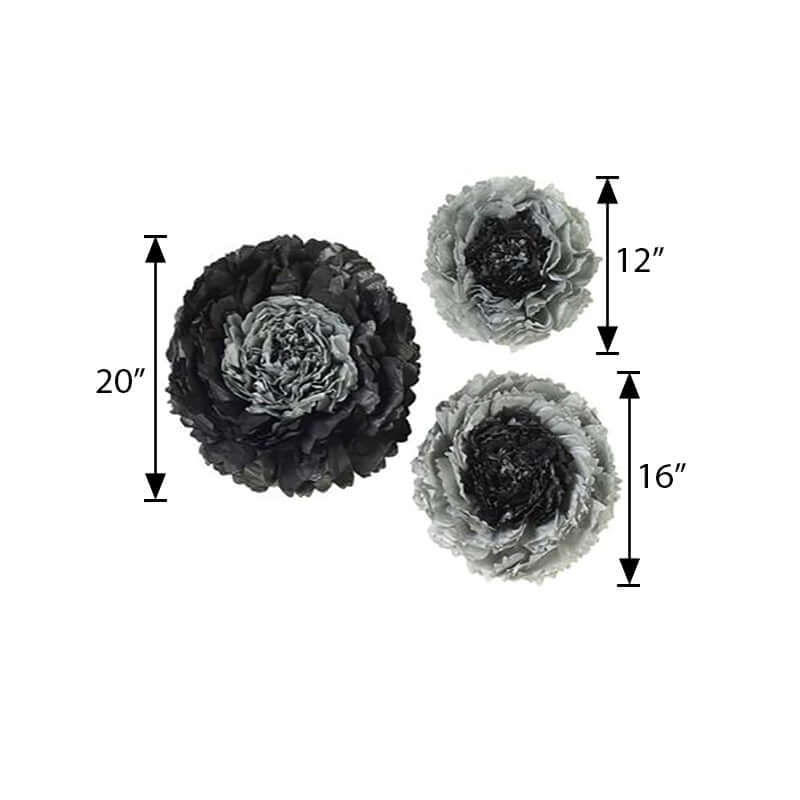 Set of 6 Charcoal Gray Giant Carnation 3D Paper Flowers Wall Decor - 12",16",20" - Linen Luxes