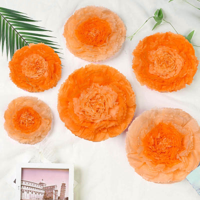 Set of 6 Coral Orange Carnation 3D Paper Flowers Wall Decor - 7",9",11" - Linen Luxes