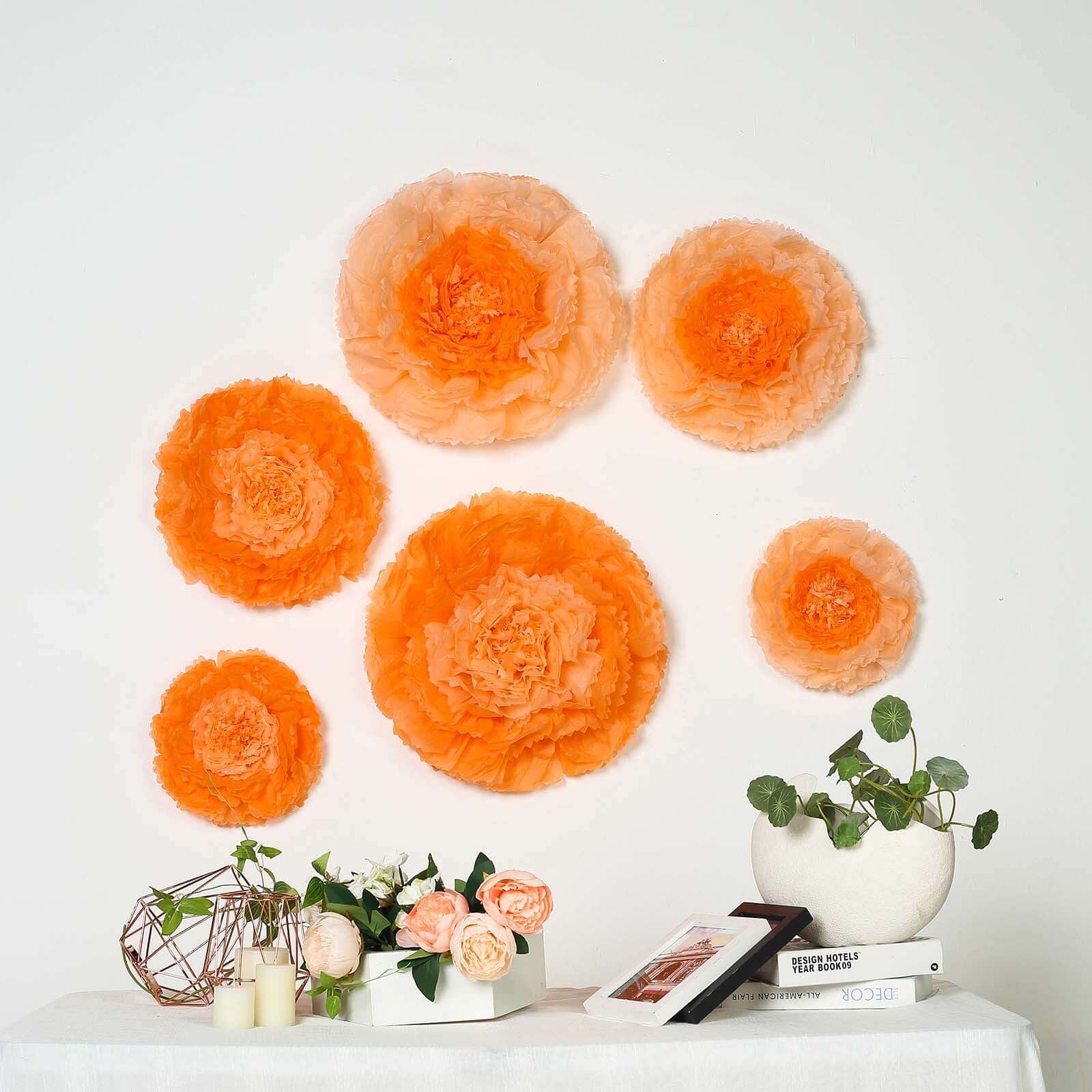 Set of 6 Coral Orange Giant Carnation 3D Paper Flowers Wall Decor - 12",16",20" - Linen Luxes