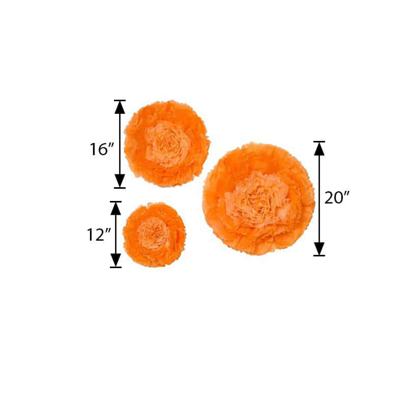 Set of 6 Coral Orange Giant Carnation 3D Paper Flowers Wall Decor - 12",16",20" - Linen Luxes