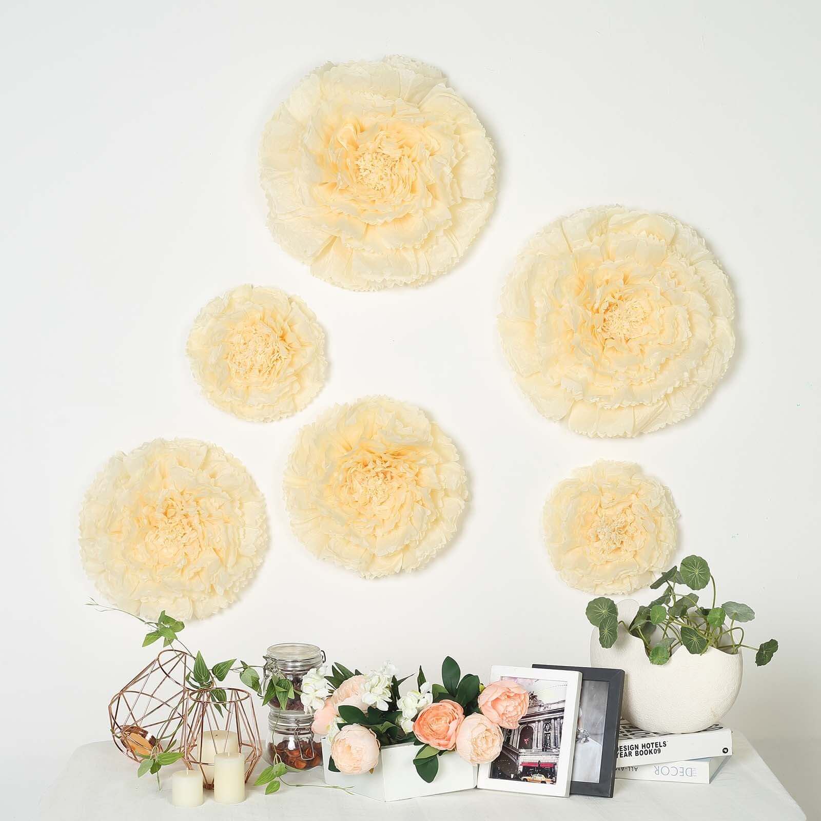 Set of 6 Ivory Cream Giant Carnation 3D Paper Flowers Wall Decor - 12",16",20" - Linen Luxes