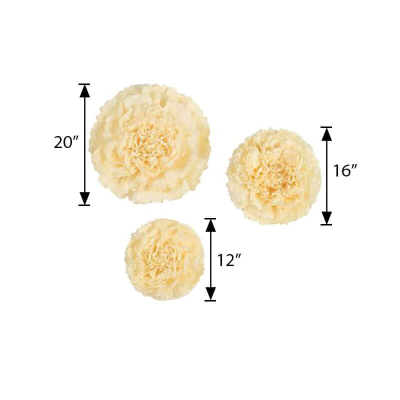 Set of 6 Ivory Cream Giant Carnation 3D Paper Flowers Wall Decor - 12",16",20" - Linen Luxes