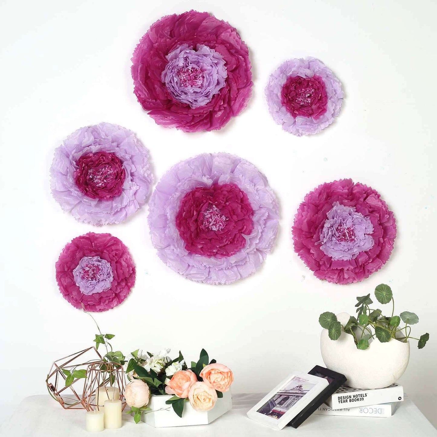 Set of 6 Lavender Giant Carnation 3D Paper Flowers Wall Decor - 12",16",20" - Linen Luxes