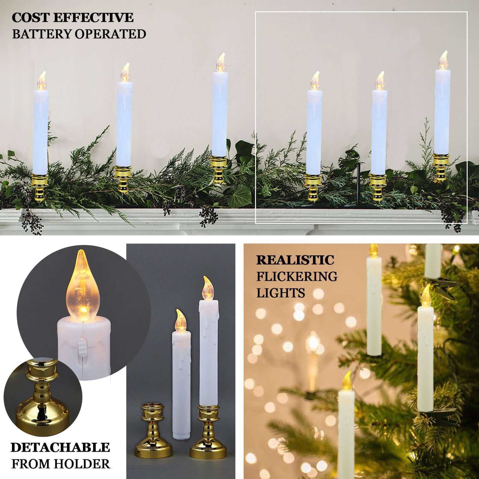 Set of 6 LED Window Candles Flickering White - Battery Operated Taper Candles with Gold Holders 10" - Linen Luxes
