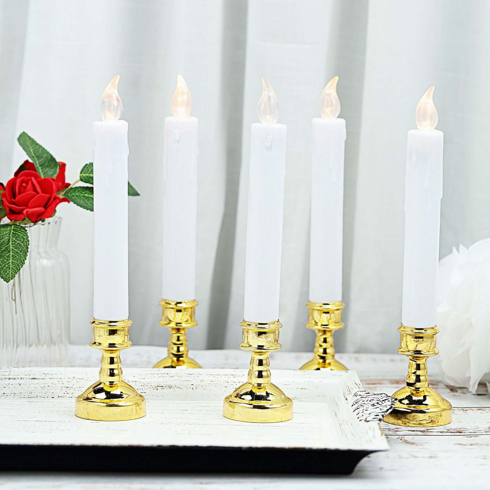 Set of 6 LED Window Candles Flickering White - Battery Operated Taper Candles with Gold Holders 10" - Linen Luxes