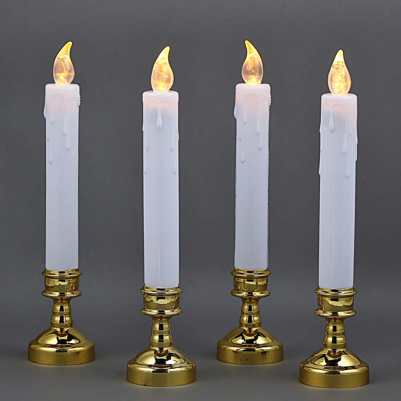 Set of 6 LED Window Candles Flickering White - Battery Operated Taper Candles with Gold Holders 10" - Linen Luxes
