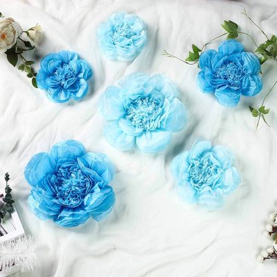 Set of 6 Periwinkle Turquoise Peony 3D Paper Flowers Wall Decor - 7",9",11" - Linen Luxes