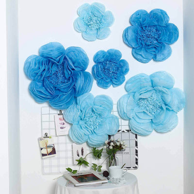 Set of 6 Periwinkle Turquoise Peony 3D Paper Flowers Wall Decor - 7",9",11" - Linen Luxes
