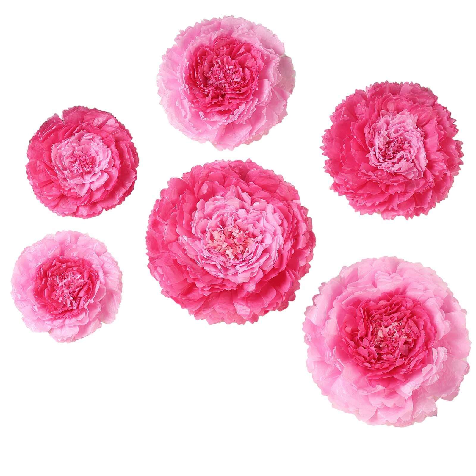 Set of 6 Pink Fuchsia Carnation 3D Paper Flowers Wall Decor - 7",9",11" - Linen Luxes
