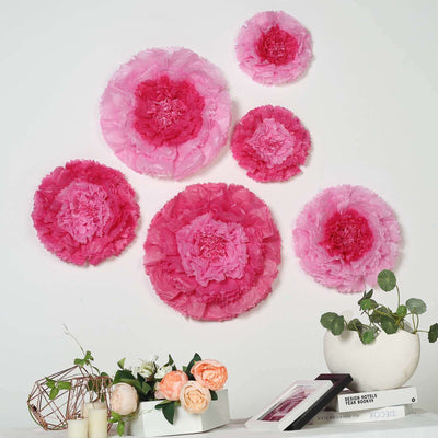 Set of 6 Pink Fuchsia Carnation 3D Paper Flowers Wall Decor - 7",9",11" - Linen Luxes
