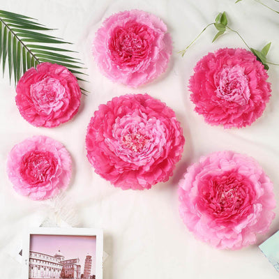 Set of 6 Pink Fuchsia Carnation 3D Paper Flowers Wall Decor - 7",9",11" - Linen Luxes
