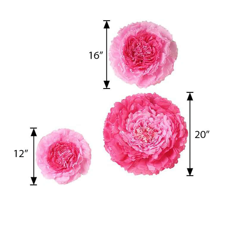 Set of 6 Pink Fuchsia Giant Carnation 3D Paper Flowers Wall Decor - 12",16",20" - Linen Luxes