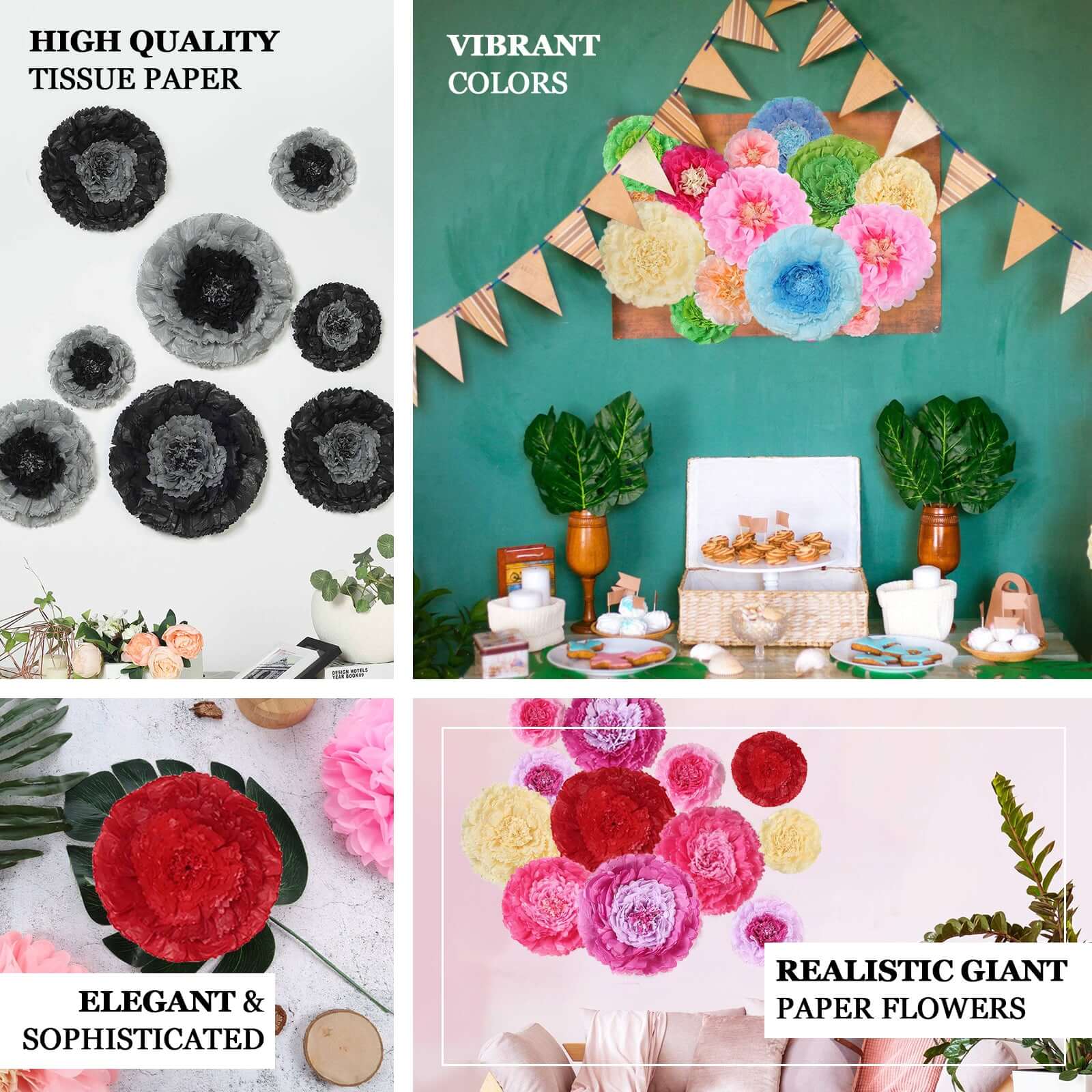 Set of 6 Pink Fuchsia Giant Carnation 3D Paper Flowers Wall Decor - 12",16",20" - Linen Luxes