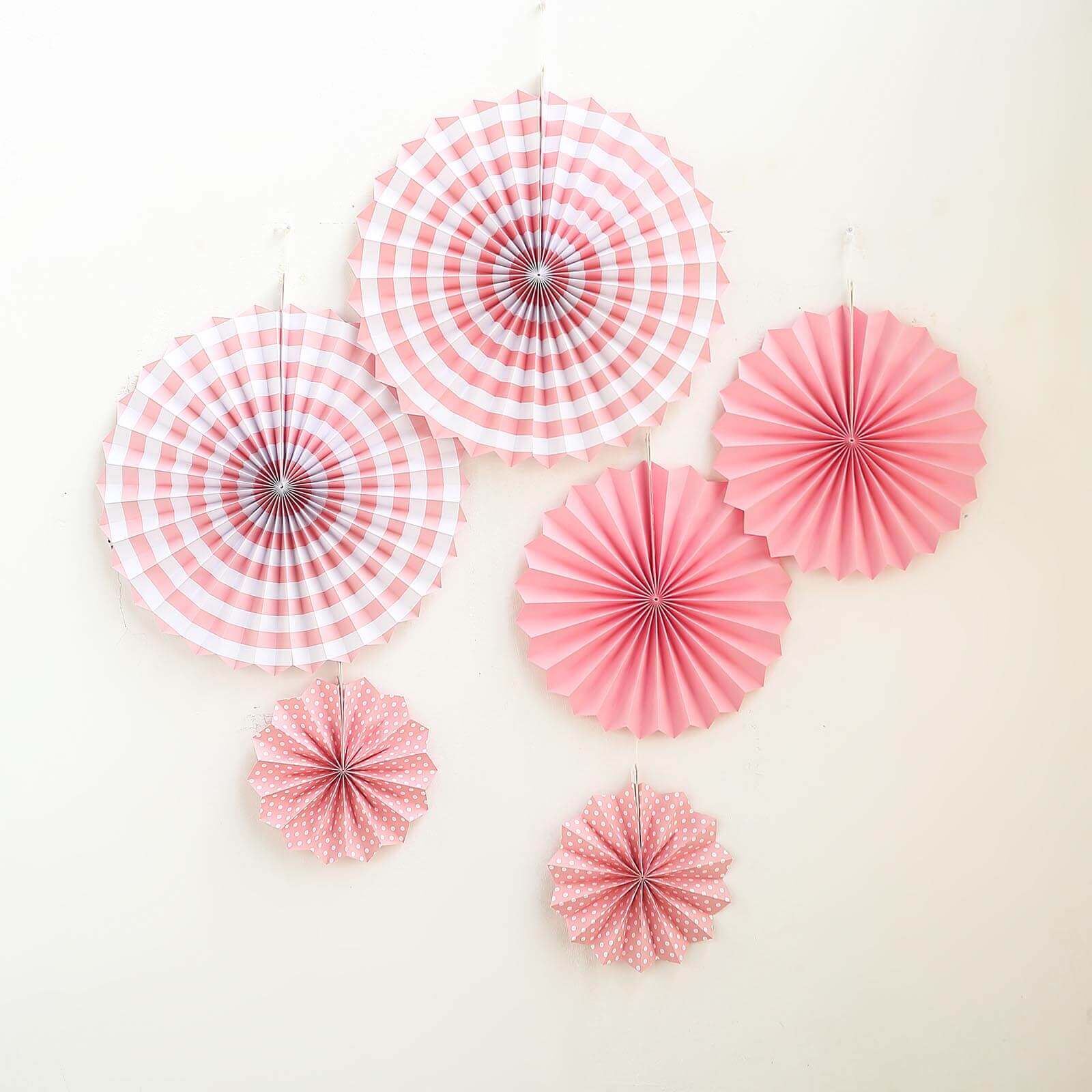 Set of 6 Pink Hanging Paper Fan Decorations, Pinwheel Wall Backdrop Party Kit - 8", 12", 16" - Linen Luxes