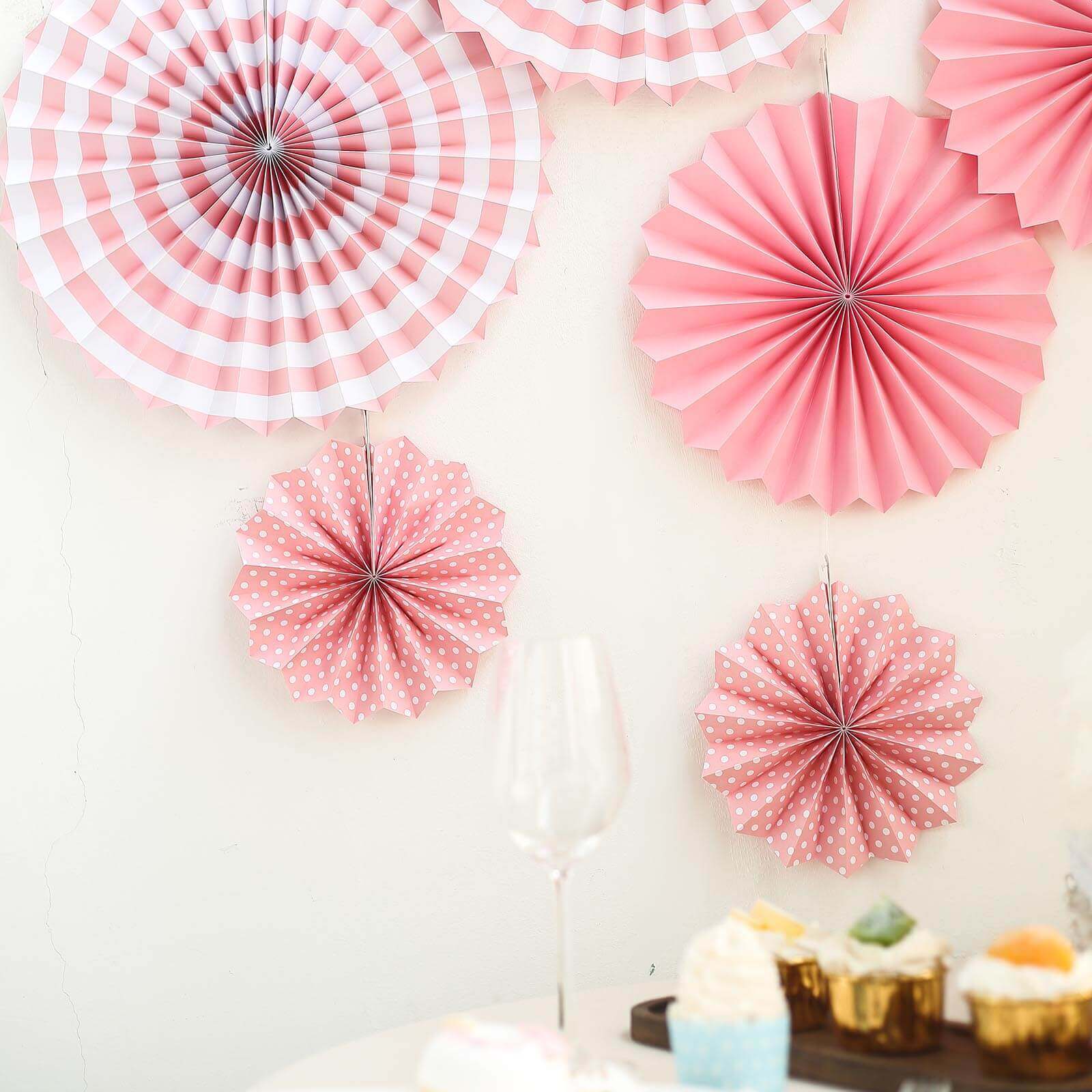 Set of 6 Pink Hanging Paper Fan Decorations, Pinwheel Wall Backdrop Party Kit - 8", 12", 16" - Linen Luxes