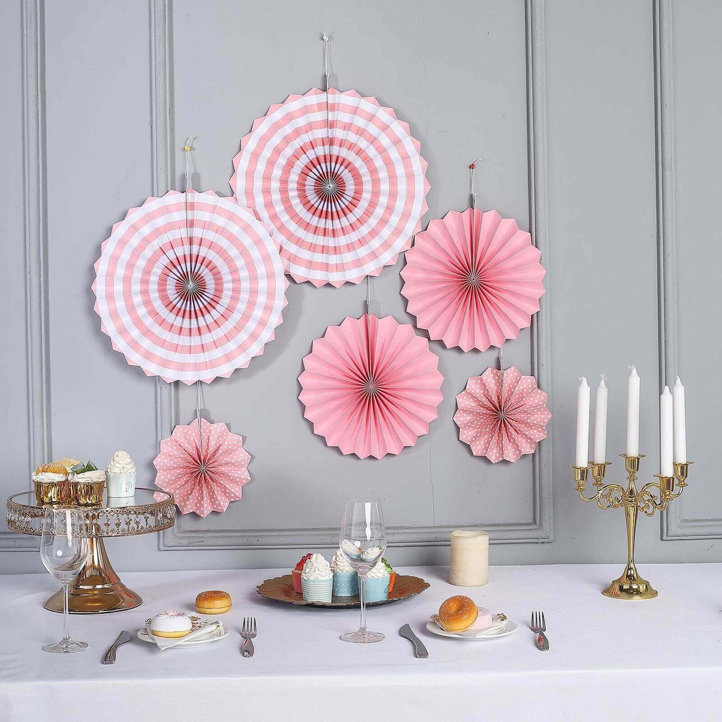 Set of 6 Pink Hanging Paper Fan Decorations, Pinwheel Wall Backdrop Party Kit - 8", 12", 16" - Linen Luxes