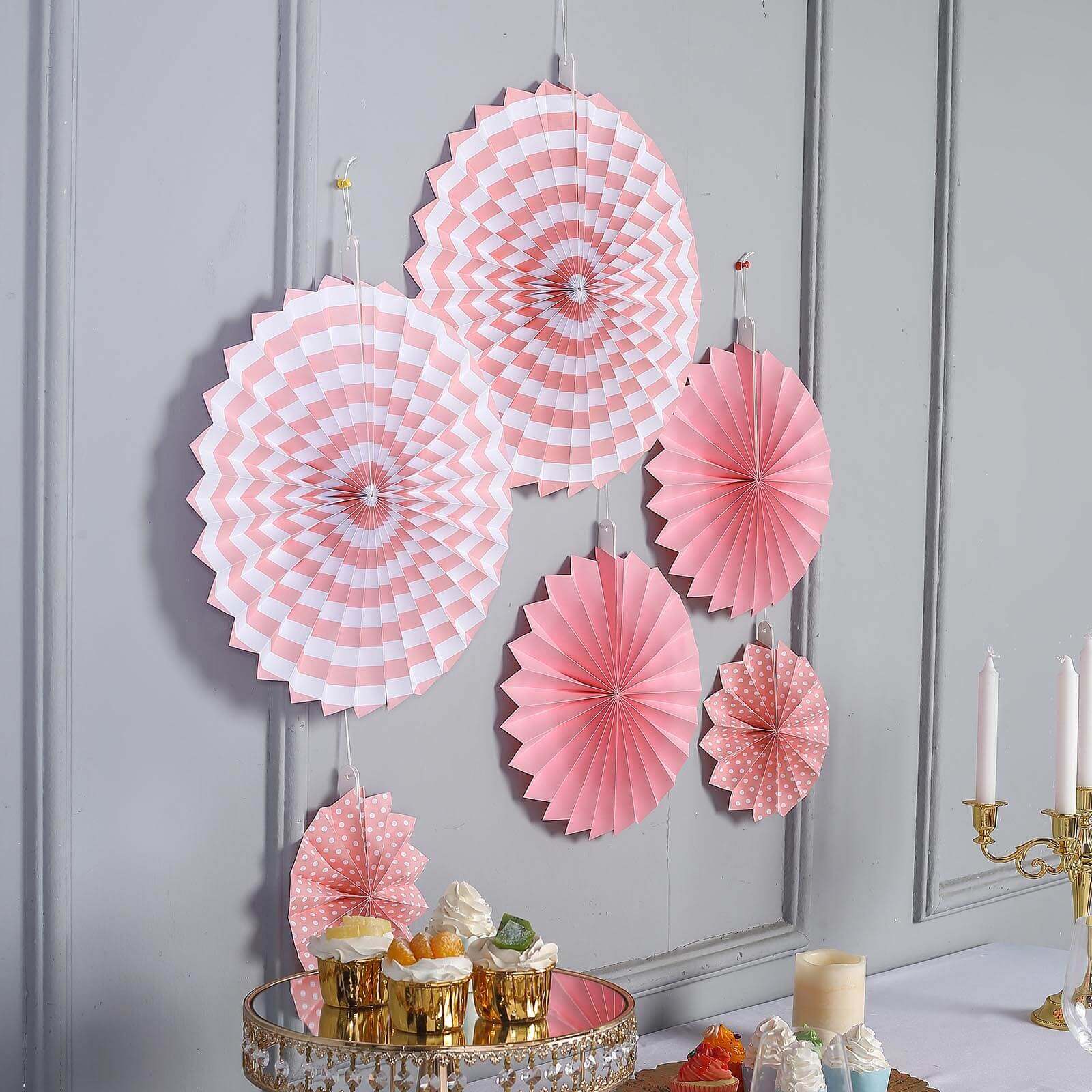 Set of 6 Pink Hanging Paper Fan Decorations, Pinwheel Wall Backdrop Party Kit - 8", 12", 16" - Linen Luxes