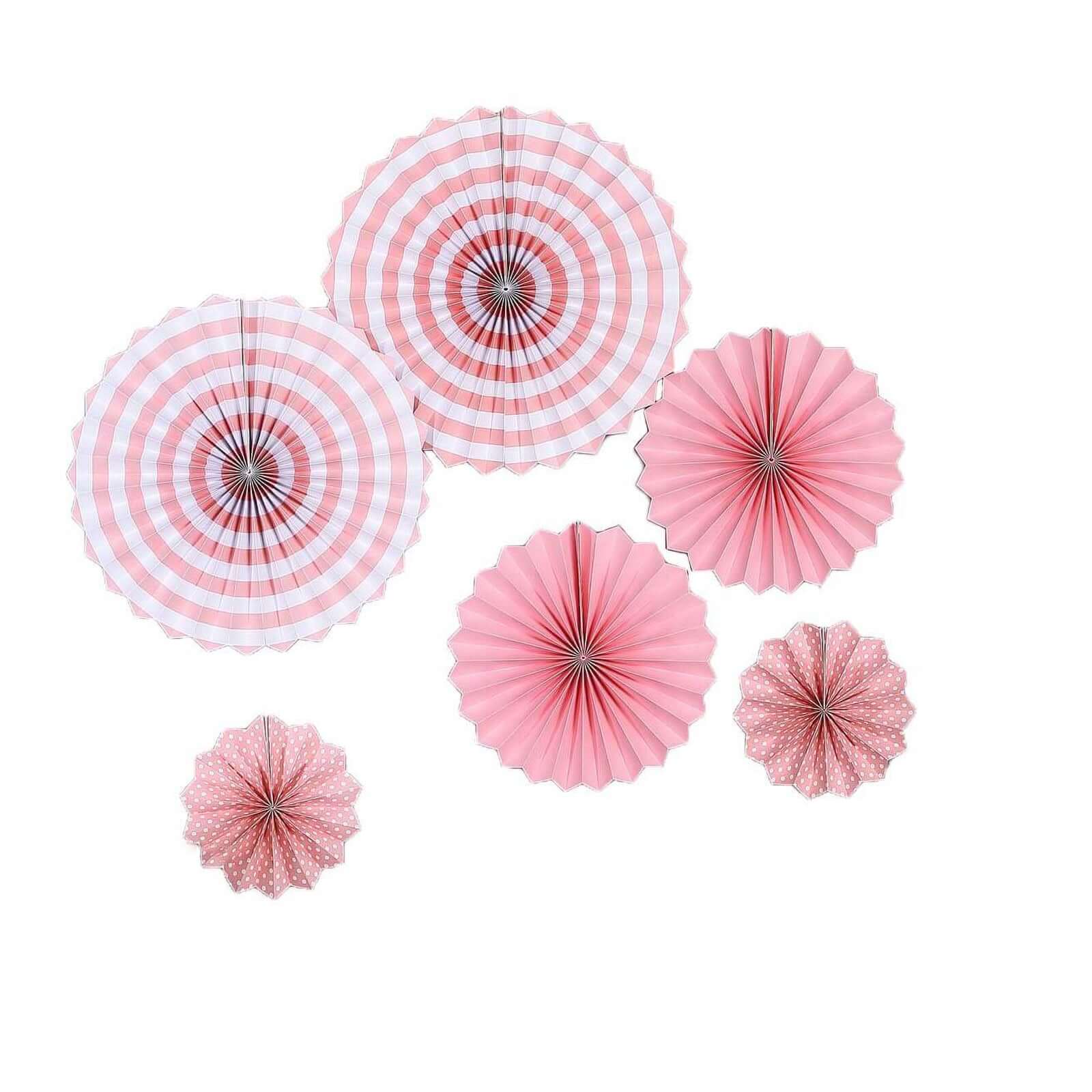 Set of 6 Pink Hanging Paper Fan Decorations, Pinwheel Wall Backdrop Party Kit - 8", 12", 16" - Linen Luxes