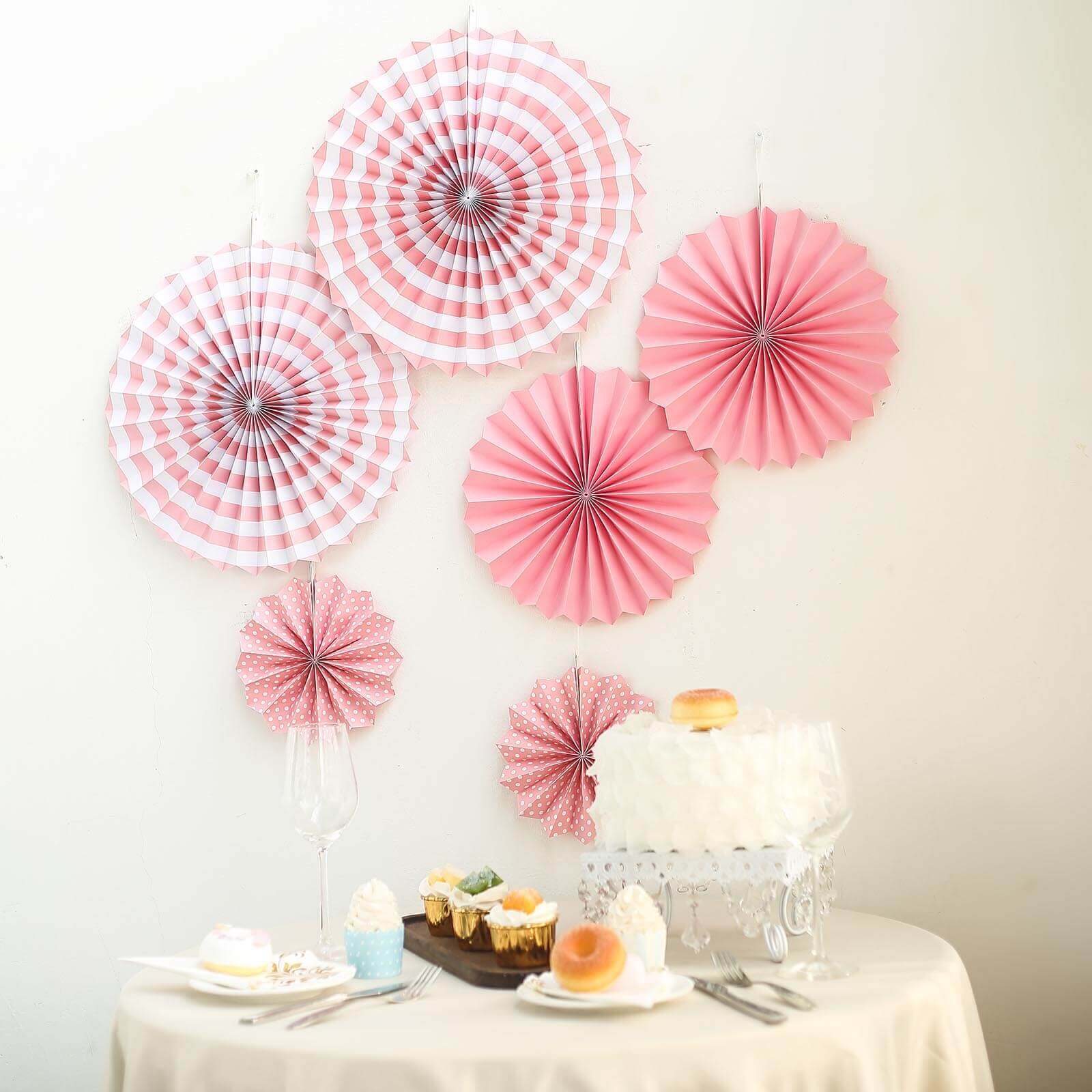 Set of 6 Pink Hanging Paper Fan Decorations, Pinwheel Wall Backdrop Party Kit - 8", 12", 16" - Linen Luxes
