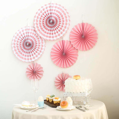Set of 6 Pink Hanging Paper Fan Decorations, Pinwheel Wall Backdrop Party Kit - 8", 12", 16" - Linen Luxes