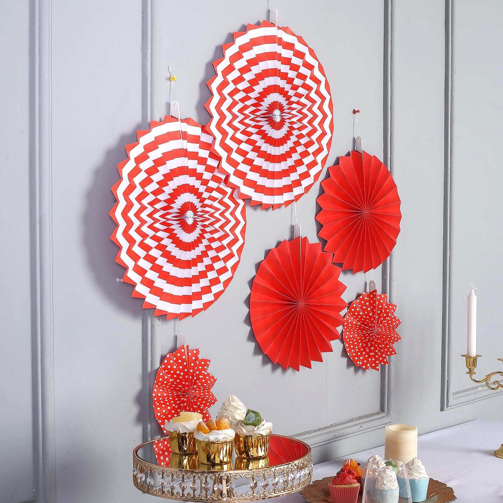 Set of 6 Red Hanging Paper Fan Decorations, Pinwheel Wall Backdrop Party Kit - 8", 12", 16" - Linen Luxes