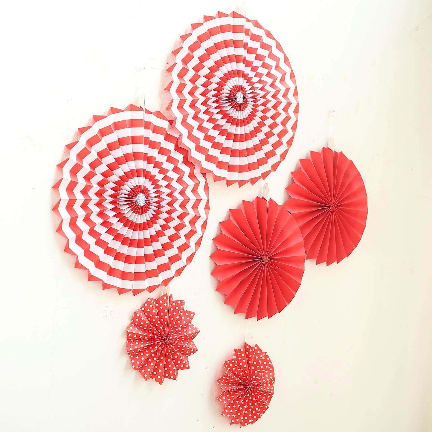 Set of 6 Red Hanging Paper Fan Decorations, Pinwheel Wall Backdrop Party Kit - 8", 12", 16" - Linen Luxes