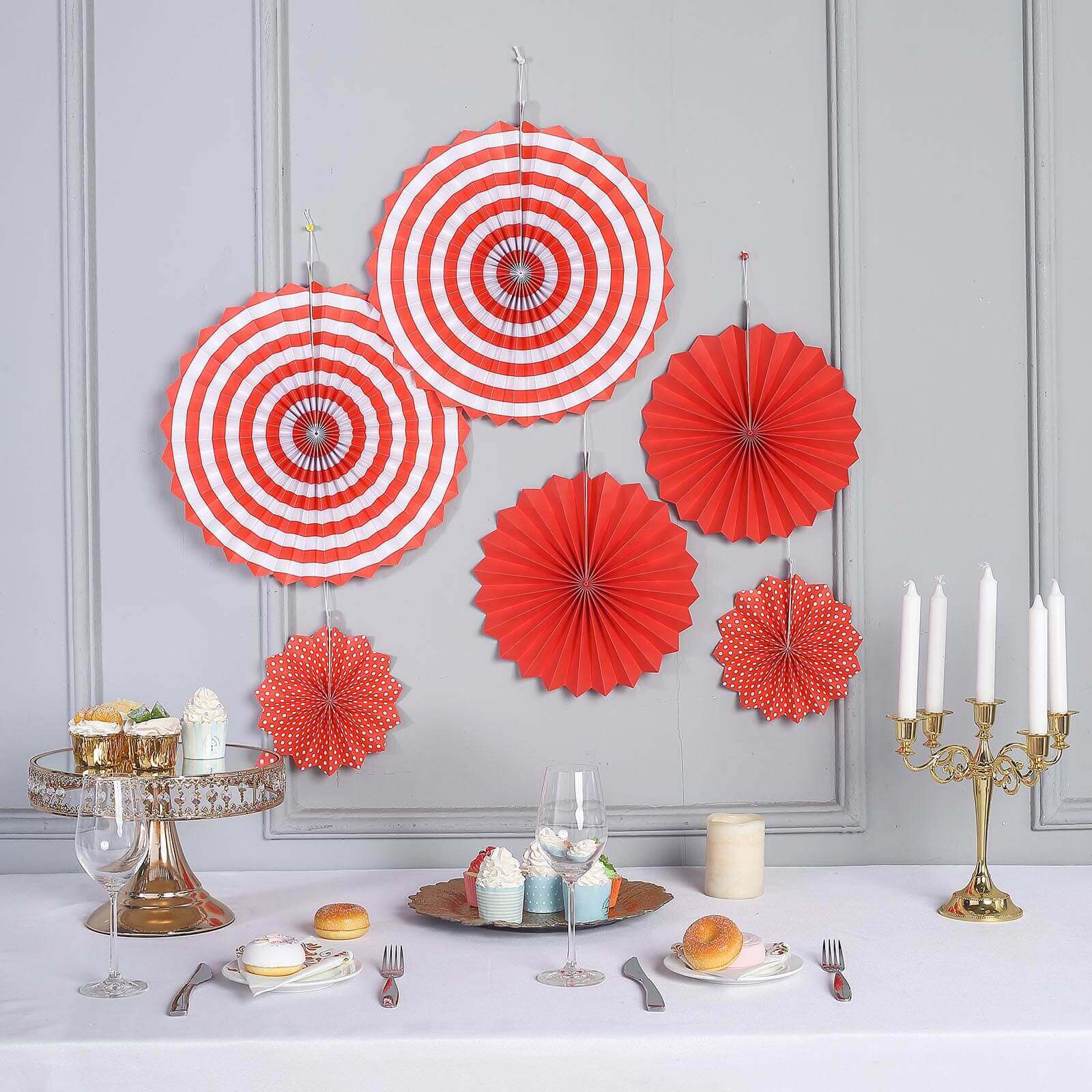 Set of 6 Red Hanging Paper Fan Decorations, Pinwheel Wall Backdrop Party Kit - 8", 12", 16" - Linen Luxes