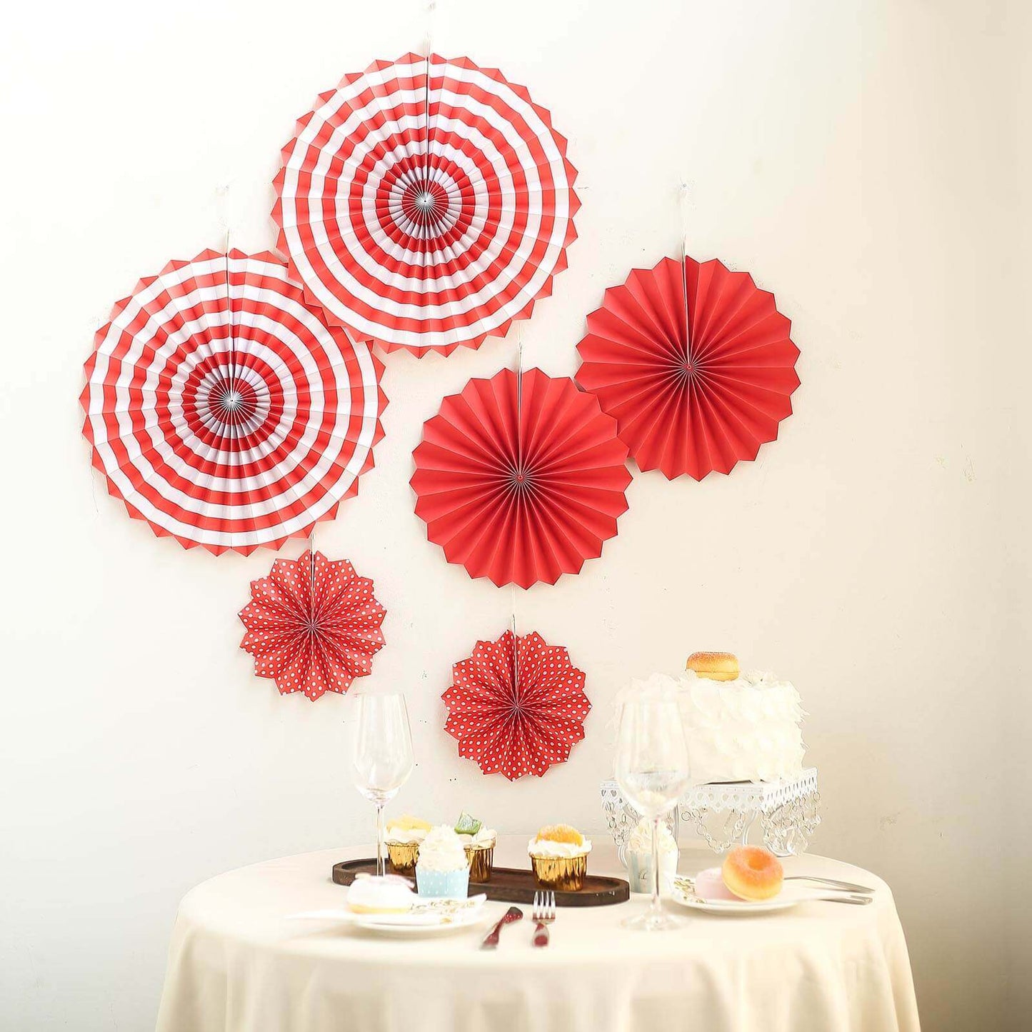 Set of 6 Red Hanging Paper Fan Decorations, Pinwheel Wall Backdrop Party Kit - 8", 12", 16" - Linen Luxes