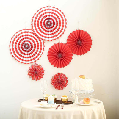 Set of 6 Red Hanging Paper Fan Decorations, Pinwheel Wall Backdrop Party Kit - 8", 12", 16" - Linen Luxes