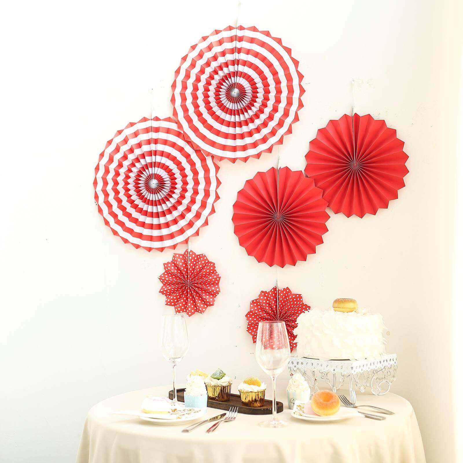Set of 6 Red Hanging Paper Fan Decorations, Pinwheel Wall Backdrop Party Kit - 8", 12", 16" - Linen Luxes