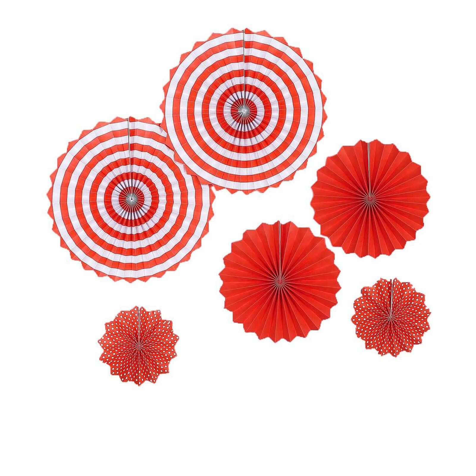 Set of 6 Red Hanging Paper Fan Decorations, Pinwheel Wall Backdrop Party Kit - 8", 12", 16" - Linen Luxes