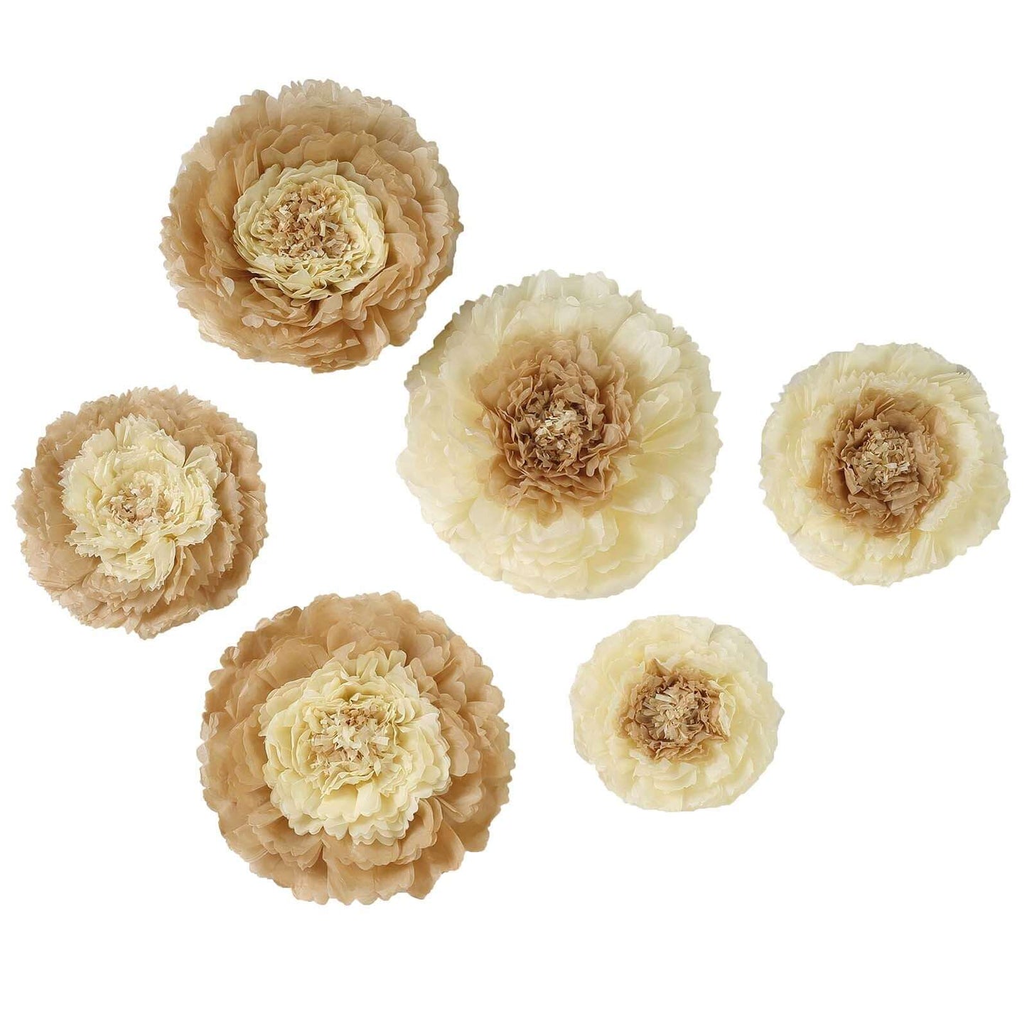 Set of 6 Taupe Natural Giant Carnation 3D Paper Flowers Wall Decor - 12",16",20" - Linen Luxes