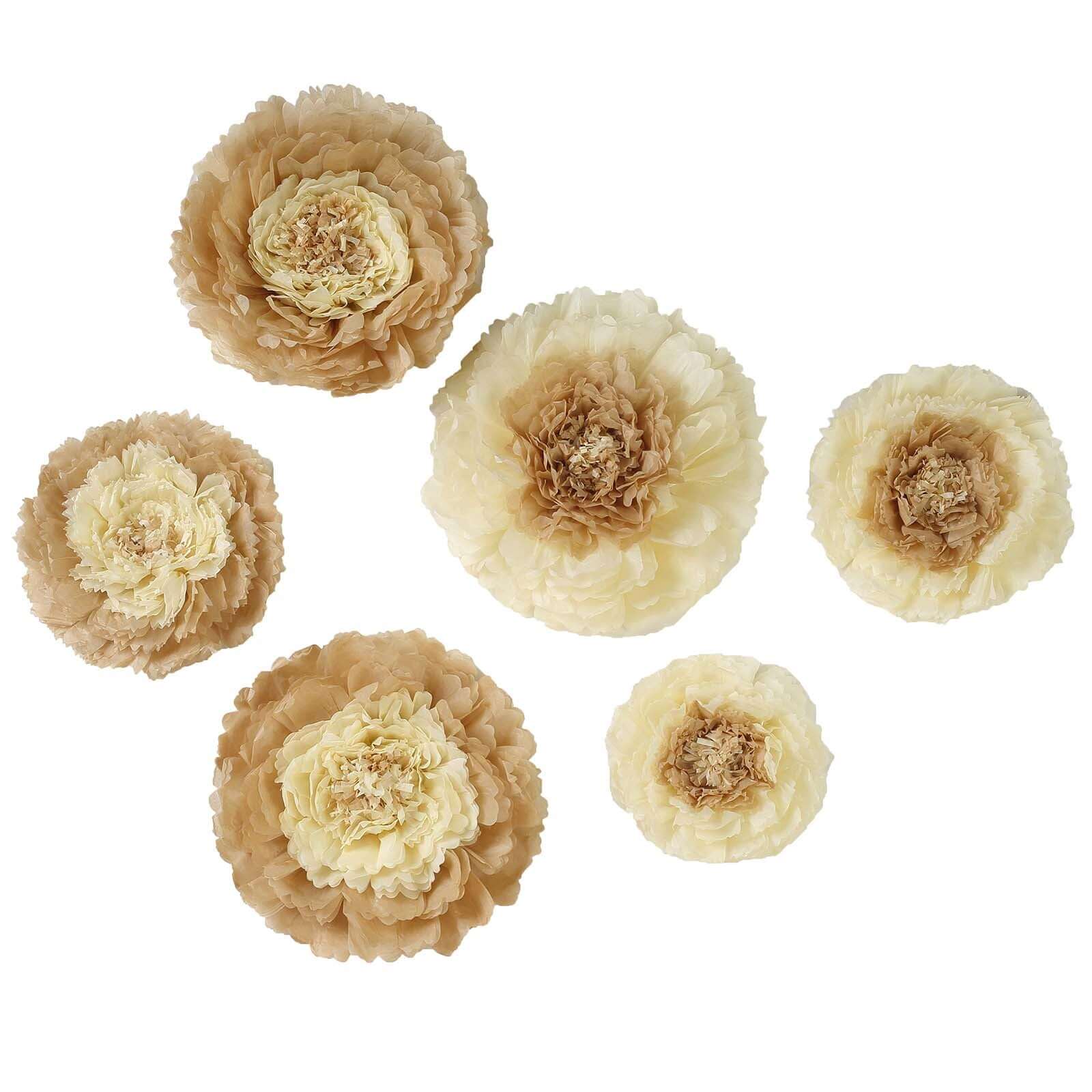 Set of 6 Taupe Natural Giant Carnation 3D Paper Flowers Wall Decor - 12",16",20" - Linen Luxes