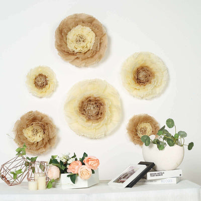 Set of 6 Taupe Natural Giant Carnation 3D Paper Flowers Wall Decor - 12",16",20" - Linen Luxes