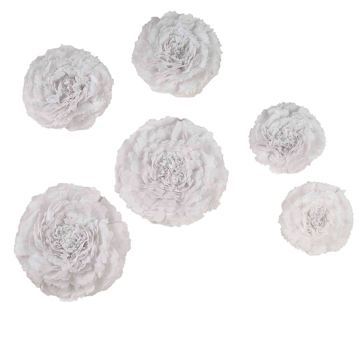 Set of 6 White Carnation 3D Paper Flowers Wall Decor - 7",9",11" - Linen Luxes