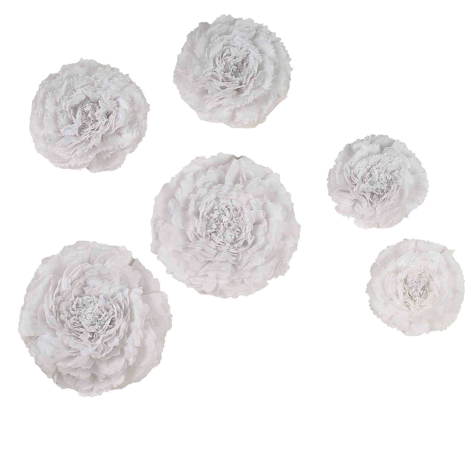 Set of 6 White Carnation 3D Paper Flowers Wall Decor - 7",9",11" - Linen Luxes