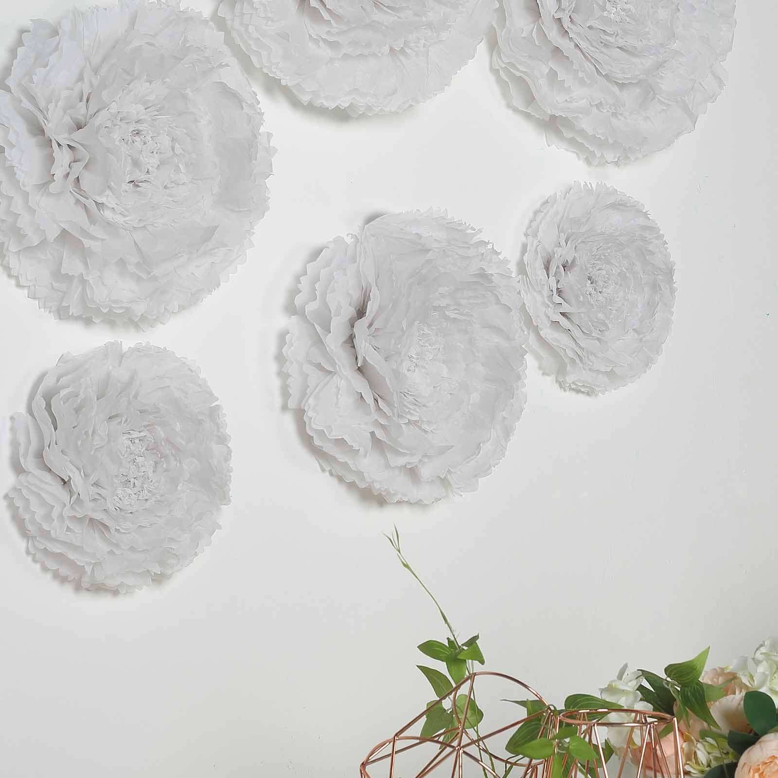 Set of 6 White Carnation 3D Paper Flowers Wall Decor - 7",9",11" - Linen Luxes