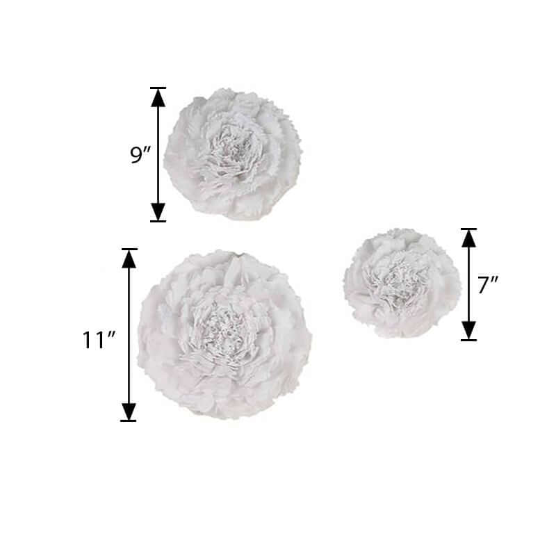 Set of 6 White Carnation 3D Paper Flowers Wall Decor - 7",9",11" - Linen Luxes
