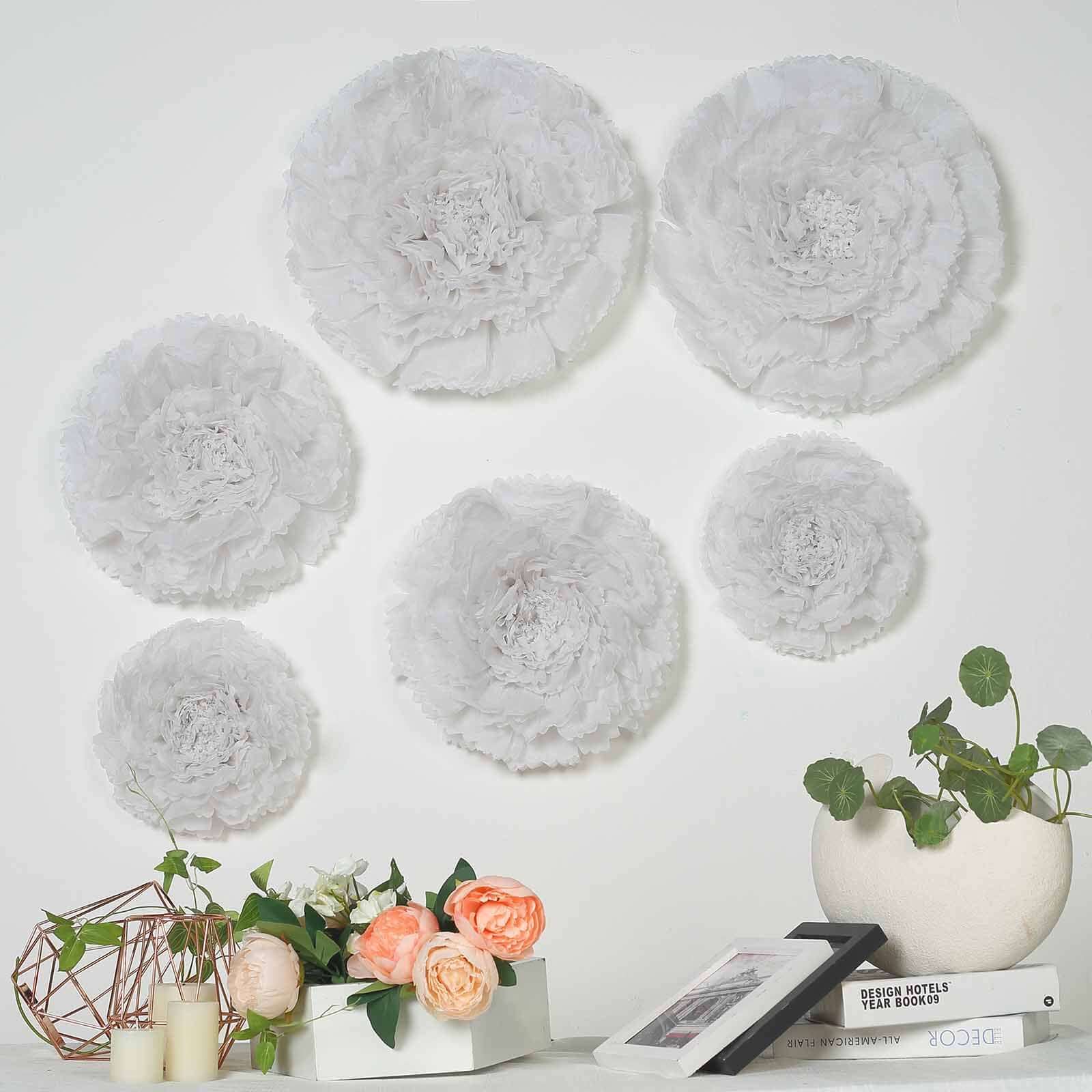 Set of 6 White Carnation 3D Paper Flowers Wall Decor - 7",9",11" - Linen Luxes