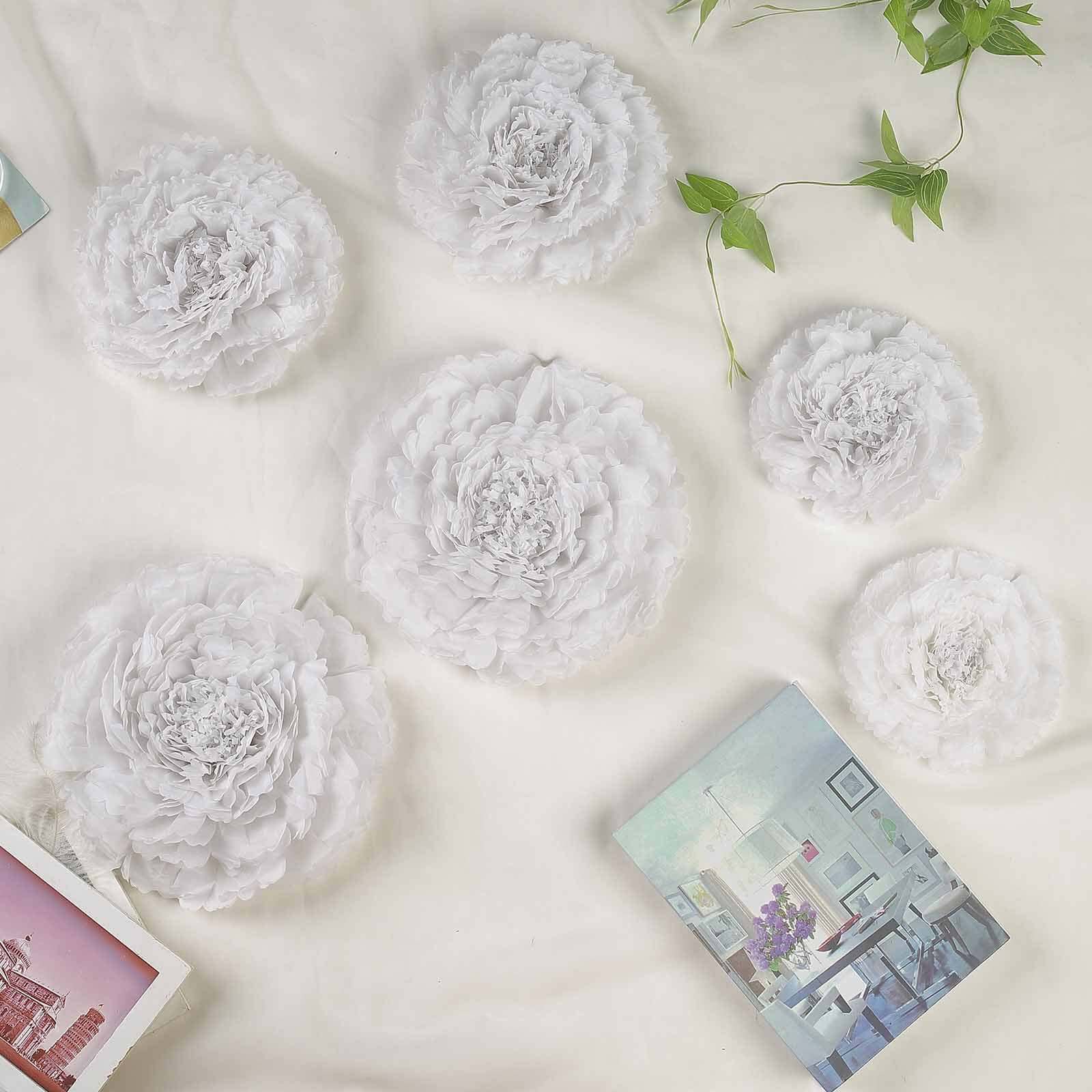 Set of 6 White Carnation 3D Paper Flowers Wall Decor - 7",9",11" - Linen Luxes