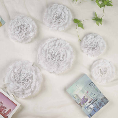 Set of 6 White Carnation 3D Paper Flowers Wall Decor - 7",9",11" - Linen Luxes