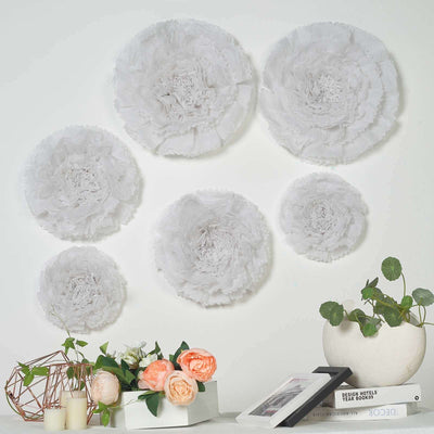 Set of 6 White Giant Carnation 3D Paper Flowers Wall Decor - 12",16",20" - Linen Luxes