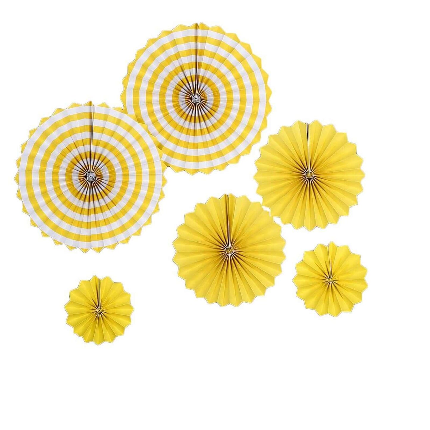 Set of 6 Yellow Hanging Paper Fan Decorations, Pinwheel Wall Backdrop Party Kit - 8", 12", 16" - Linen Luxes