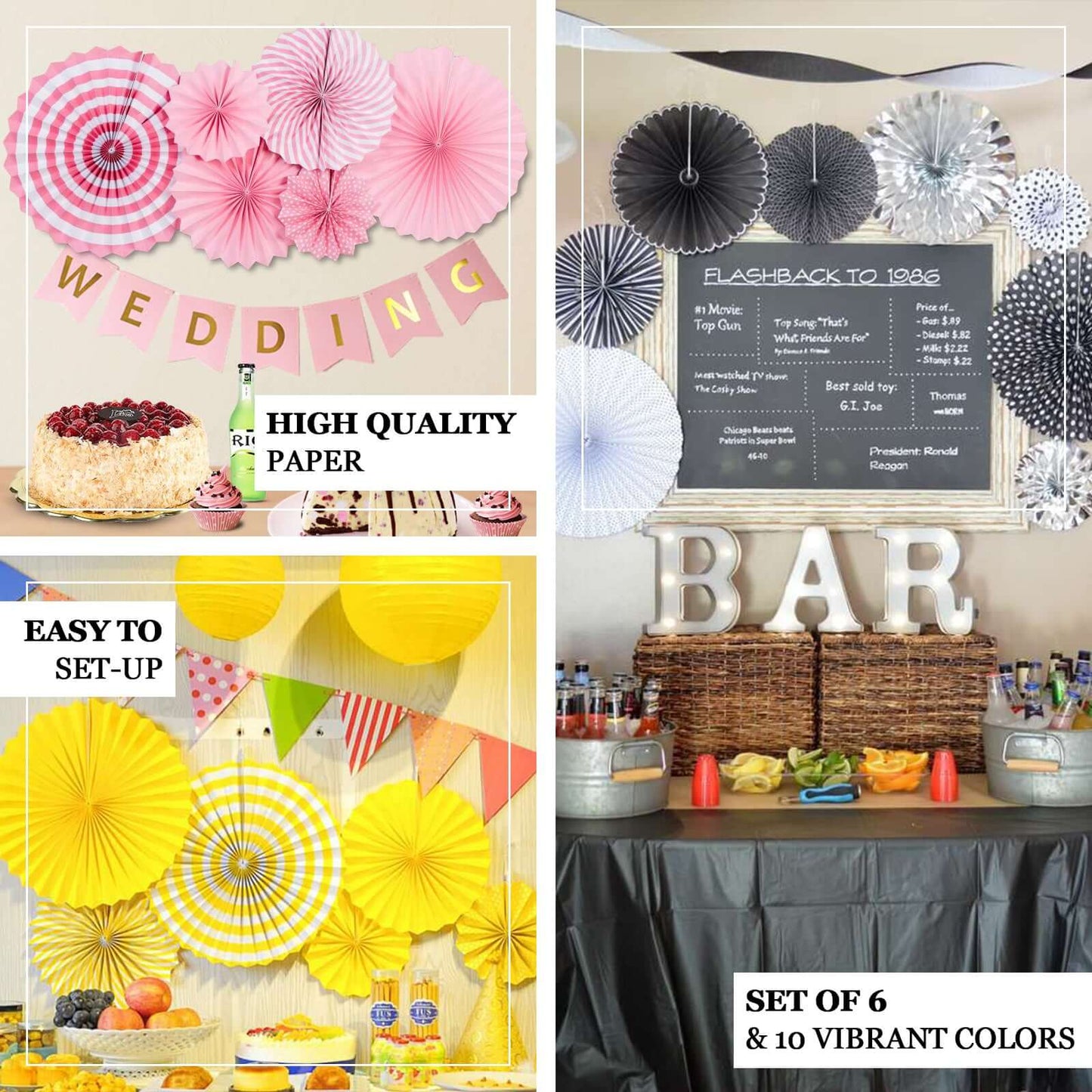 Set of 6 Yellow Hanging Paper Fan Decorations, Pinwheel Wall Backdrop Party Kit - 8", 12", 16" - Linen Luxes