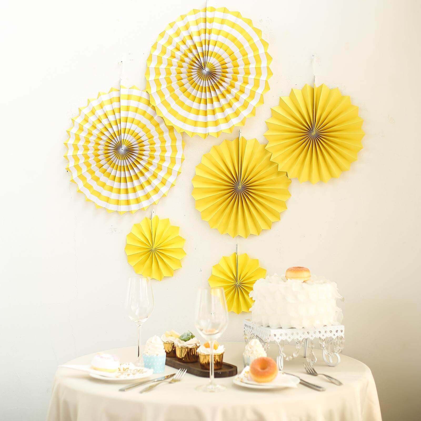 Set of 6 Yellow Hanging Paper Fan Decorations, Pinwheel Wall Backdrop Party Kit - 8", 12", 16" - Linen Luxes