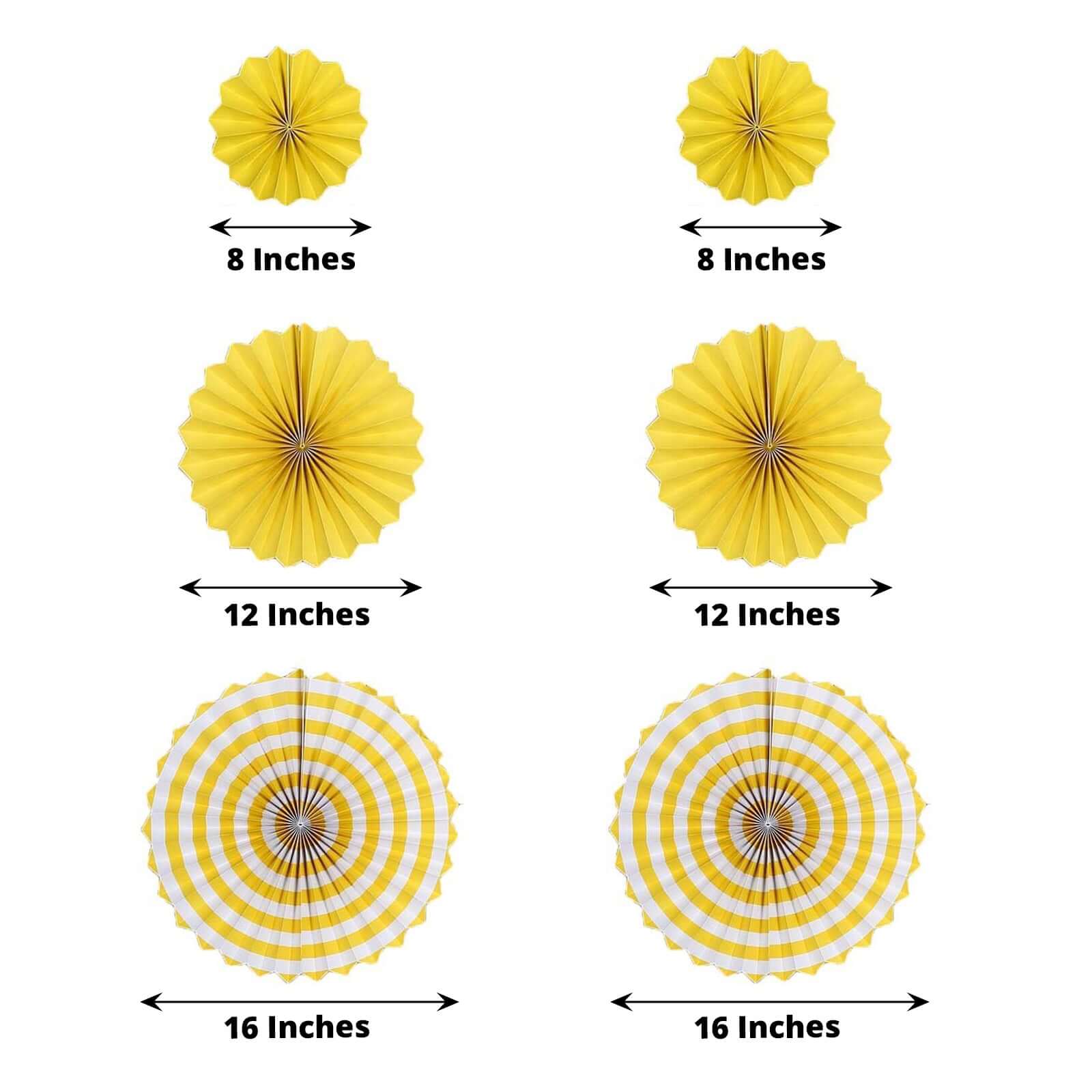 Set of 6 Yellow Hanging Paper Fan Decorations, Pinwheel Wall Backdrop Party Kit - 8", 12", 16" - Linen Luxes