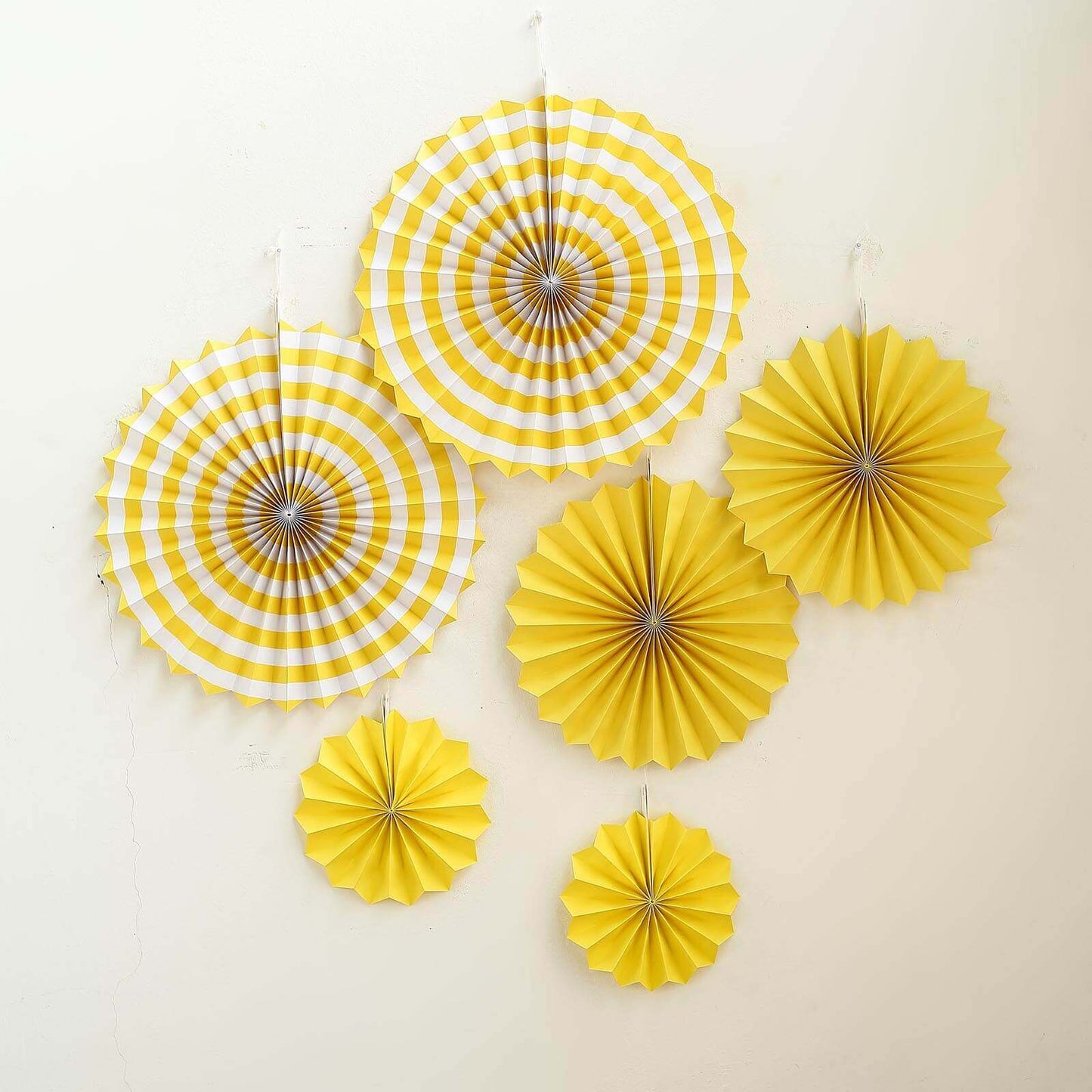 Set of 6 Yellow Hanging Paper Fan Decorations, Pinwheel Wall Backdrop Party Kit - 8", 12", 16" - Linen Luxes